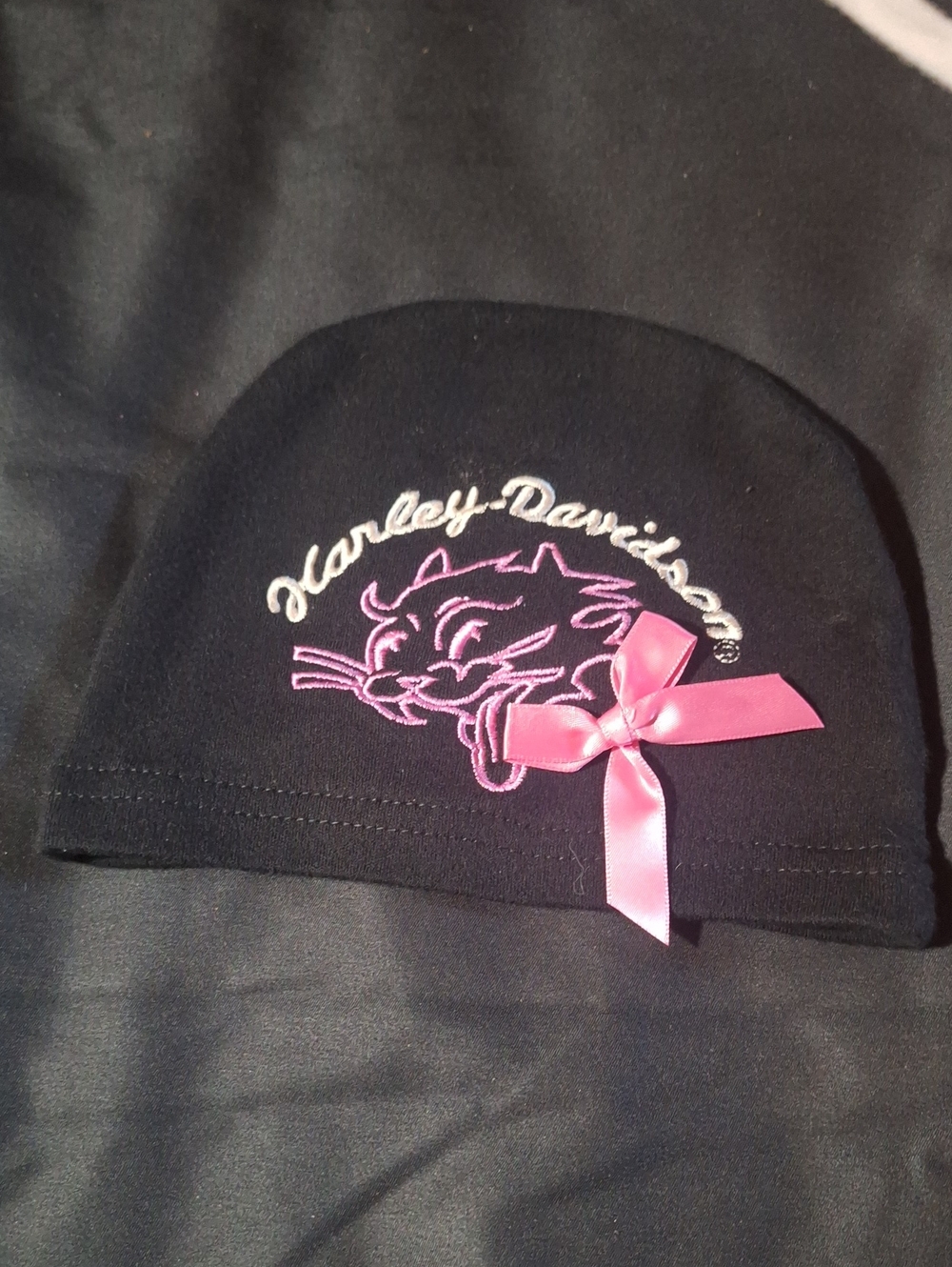 Harley-Davidson Black Kids Beanie with Pink Embroidery and Bow